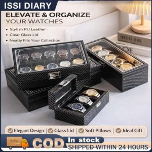 ISSI DIARY 3/6/10/12 Slots Carbon Fiber Watch Box PU Leather Jewelry Storage for Bracelet Walnut