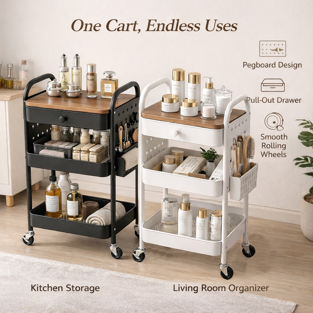 ISSI DIARY 3-Tier Mobile Cart w Drawer, Pegboard & Baskets Multi-Purpose Steel Trolley - Image 2
