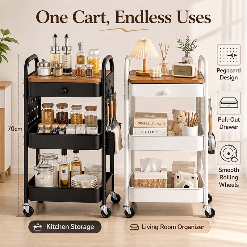 ISSI DIARY 3-Tier Mobile Cart w Drawer, Pegboard & Baskets Multi-Purpose Steel Trolley - Image 3