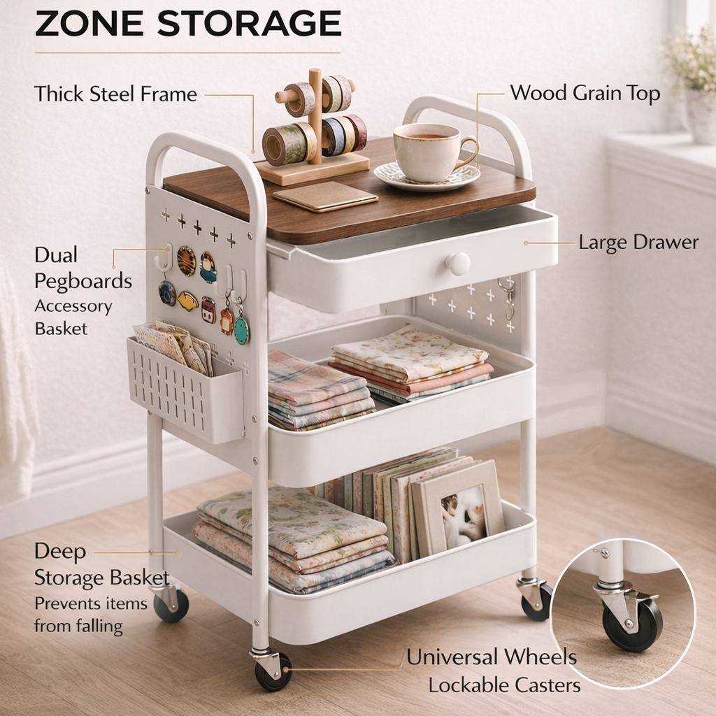 ISSI DIARY 3-Tier Mobile Cart w Drawer, Pegboard & Baskets Multi-Purpose Steel Trolley - Image 4