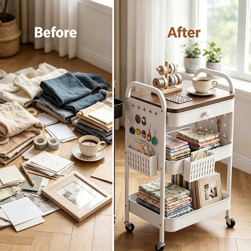 ISSI DIARY 3-Tier Mobile Cart w Drawer, Pegboard & Baskets Multi-Purpose Steel Trolley - Image 5