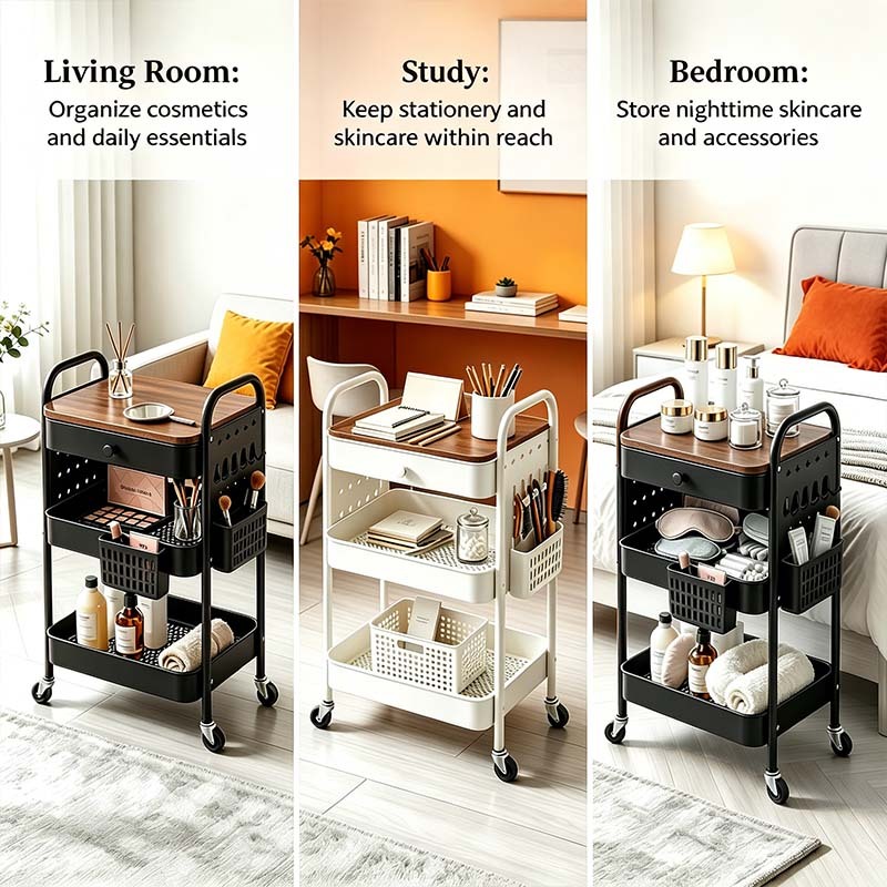 ISSI DIARY 3-Tier Mobile Cart w Drawer, Pegboard & Baskets Multi-Purpose Steel Trolley - Image 6