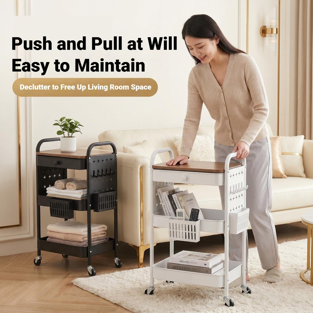 ISSI DIARY 3-Tier Mobile Cart w Drawer, Pegboard & Baskets Multi-Purpose Steel Trolley - Image 7