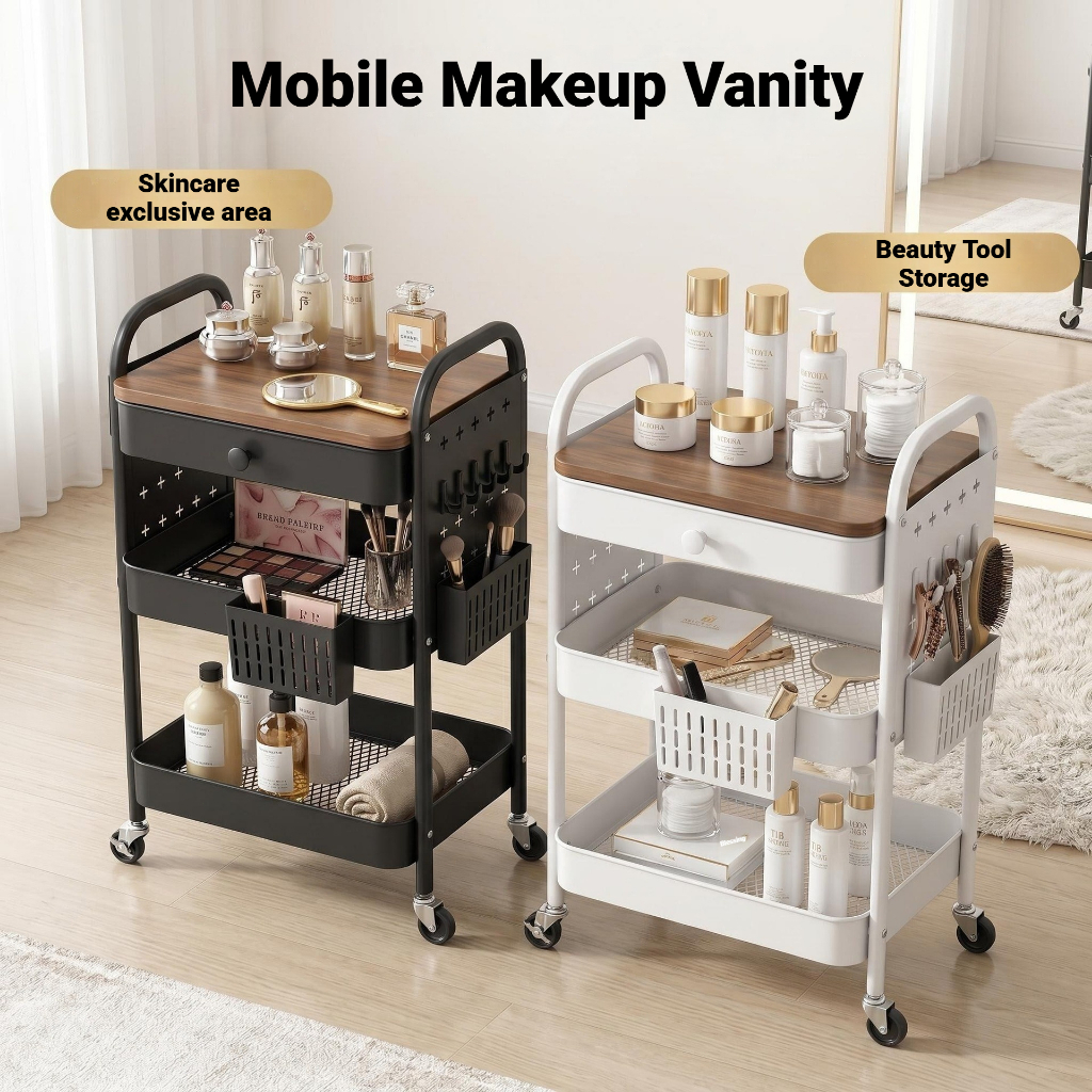 ISSI DIARY 3-Tier Mobile Cart w Drawer, Pegboard & Baskets Multi-Purpose Steel Trolley - Image 8