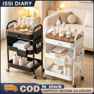 ISSI DIARY 3-Tier Mobile Cart w Drawer, Pegboard & Baskets Multi-Purpose Steel Trolley