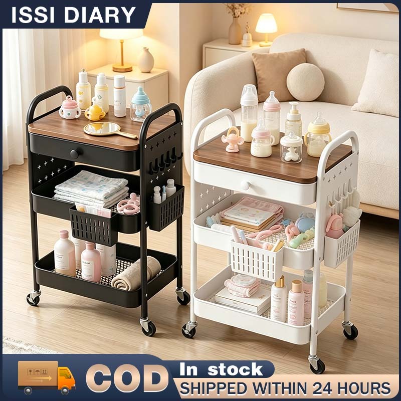 ISSI DIARY 3-Tier Mobile Cart w Drawer, Pegboard & Baskets Multi-Purpose Steel Trolley