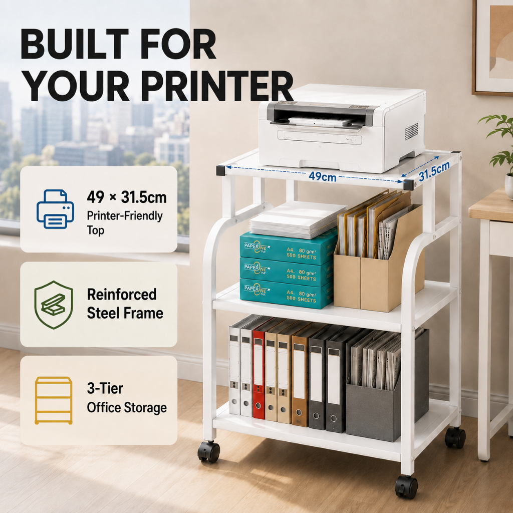 ISSI DIARY 3-Tier Rolling Printer Stand with Wheels, Storage Rack for Home Wheels for Office or Home - Image 3
