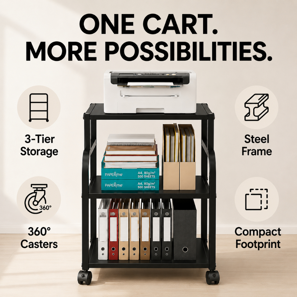 ISSI DIARY 3-Tier Rolling Printer Stand with Wheels, Storage Rack for Home Wheels for Office or Home - Image 4