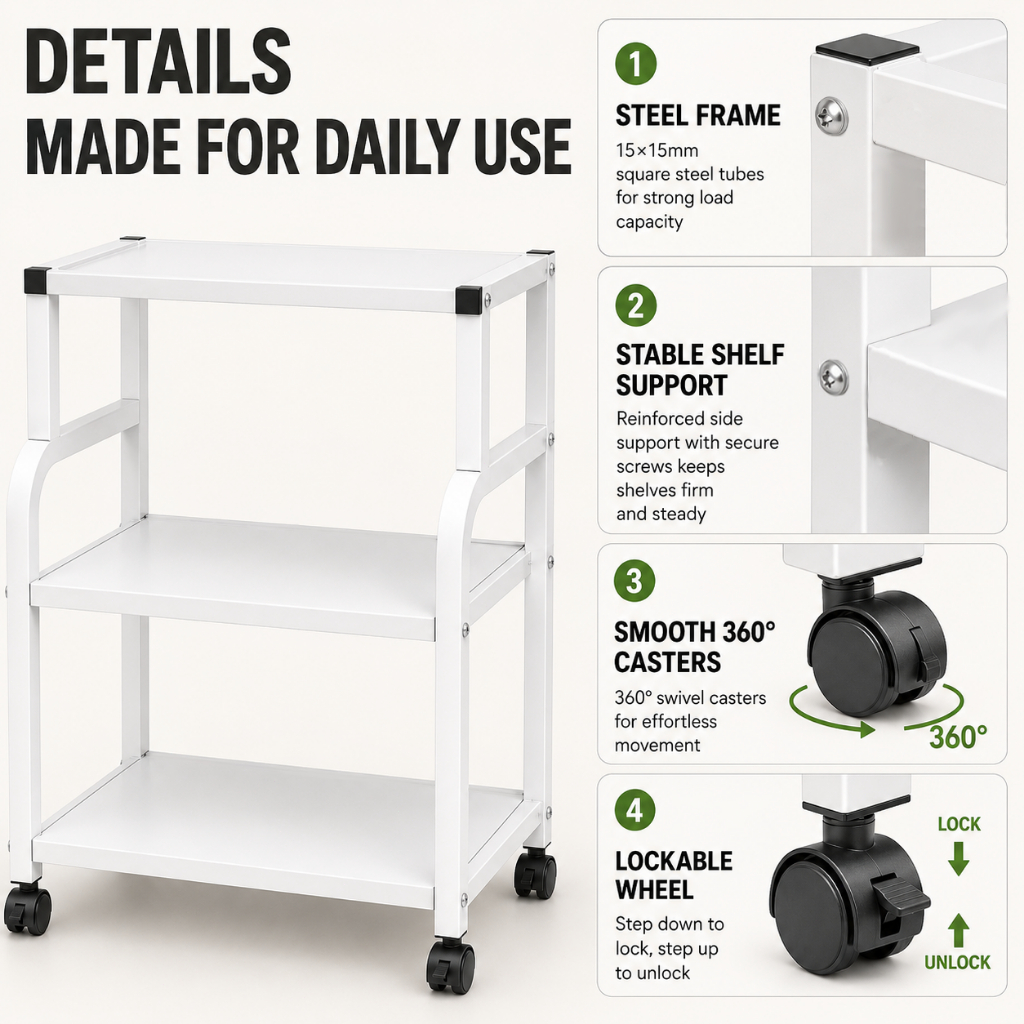 ISSI DIARY 3-Tier Rolling Printer Stand with Wheels, Storage Rack for Home Wheels for Office or Home - Image 6
