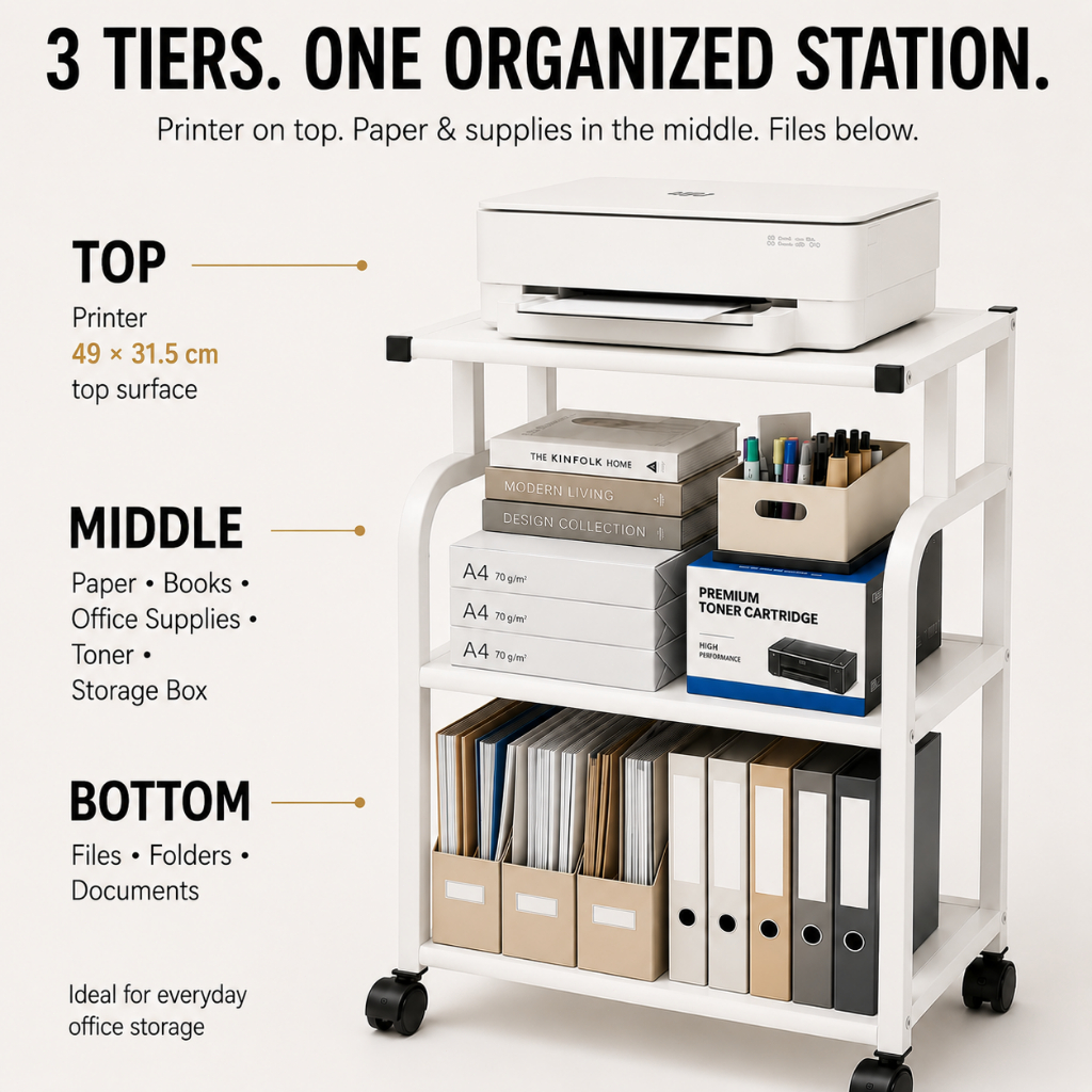 ISSI DIARY 3-Tier Rolling Printer Stand with Wheels, Storage Rack for Home Wheels for Office or Home - Image 8