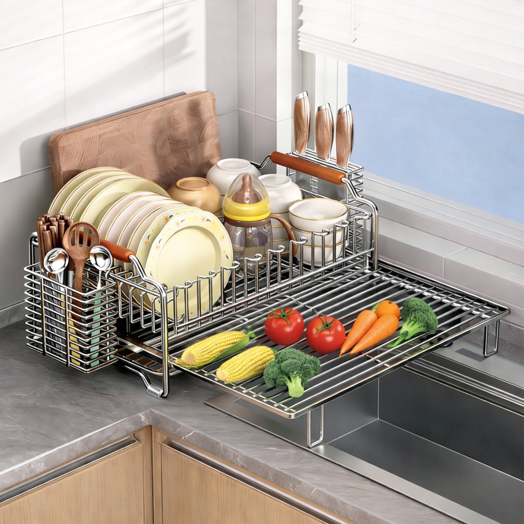 ISSI DIARY 6 in 1 Pullout Stainless Dish Rack Kitchen Organize rwith Dish Rack Drainer Organizer - Image 2