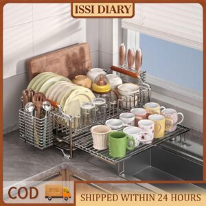 ISSI DIARY 6 in 1 Pullout Stainless Dish Rack Kitchen Organize rwith Dish Rack Drainer Organizer