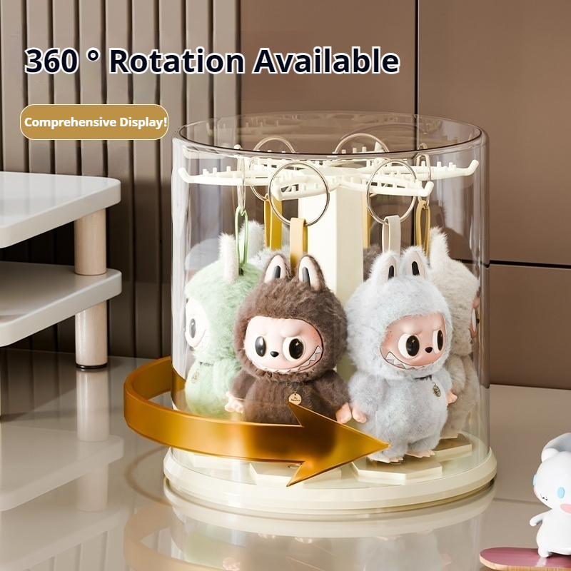 Close view of an acrylic display case with a rotating base