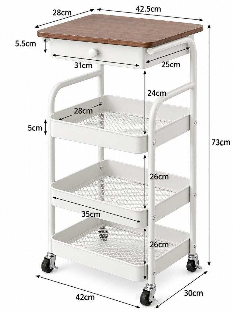 Dimension diagram of a white 3-tier rolling storage trolley with wooden top and drawer