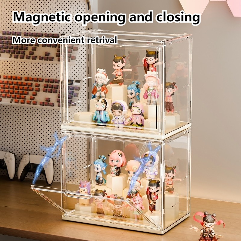 Stackable acrylic display cabinet holding a row of blind box figures