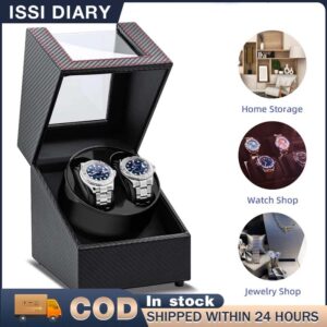 ISSI DIARY Dual Automatic Watch Winder Box: Carbon Fiber Design, USB Powered, Faux Leather Strap