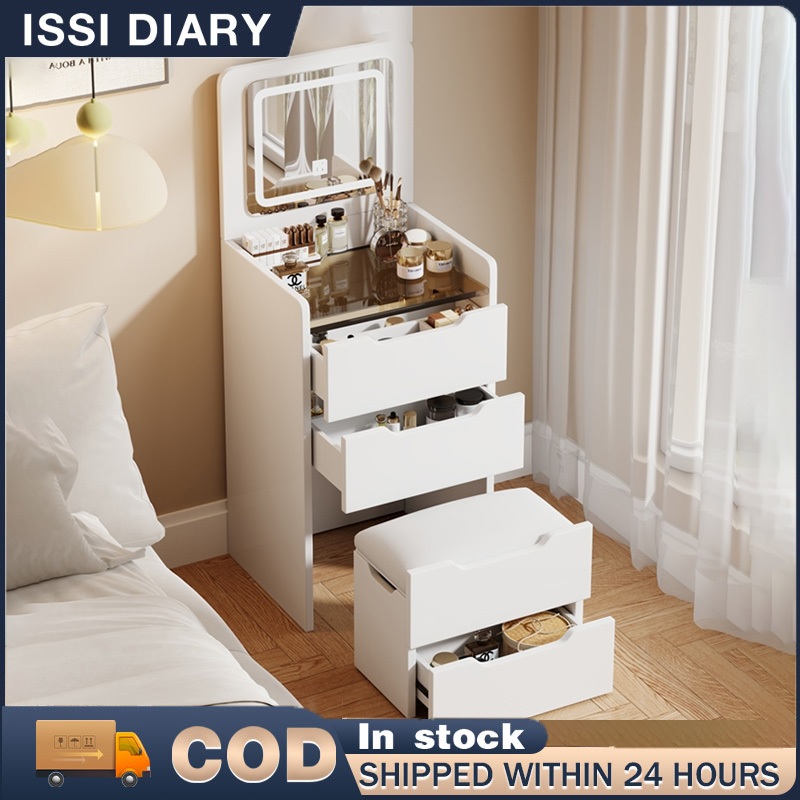 ISSI DIARY Flip-top Dressing Table with Chair Bedside Multi-Space Drawer Storage Cabinet with Mirror