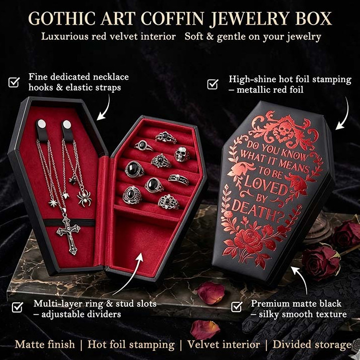 Gothic Coffin Jewelry Box Velvet Ring Necklace Earrings Storage G