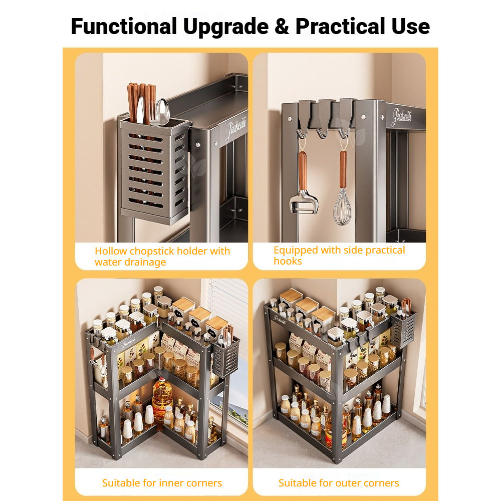 Kitchen Corner Spice Rack 2/3 Tier Countertop Storage Shelf with Hooks Space Saving Organizer - Image 2