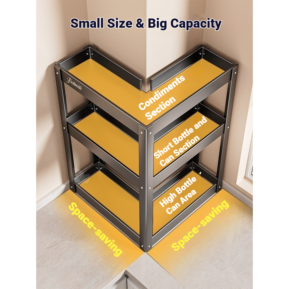 Kitchen Corner Spice Rack 2/3 Tier Countertop Storage Shelf with Hooks Space Saving Organizer - Image 3