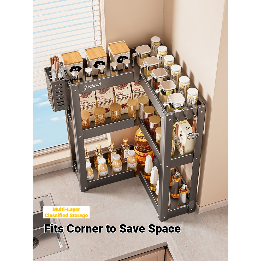 Kitchen Corner Spice Rack 2/3 Tier Countertop Storage Shelf with Hooks Space Saving Organizer - Image 5