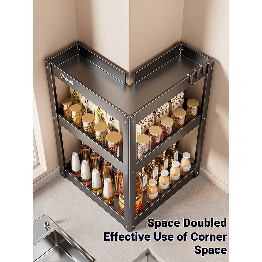 Kitchen Corner Spice Rack 2/3 Tier Countertop Storage Shelf with Hooks Space Saving Organizer - Image 6