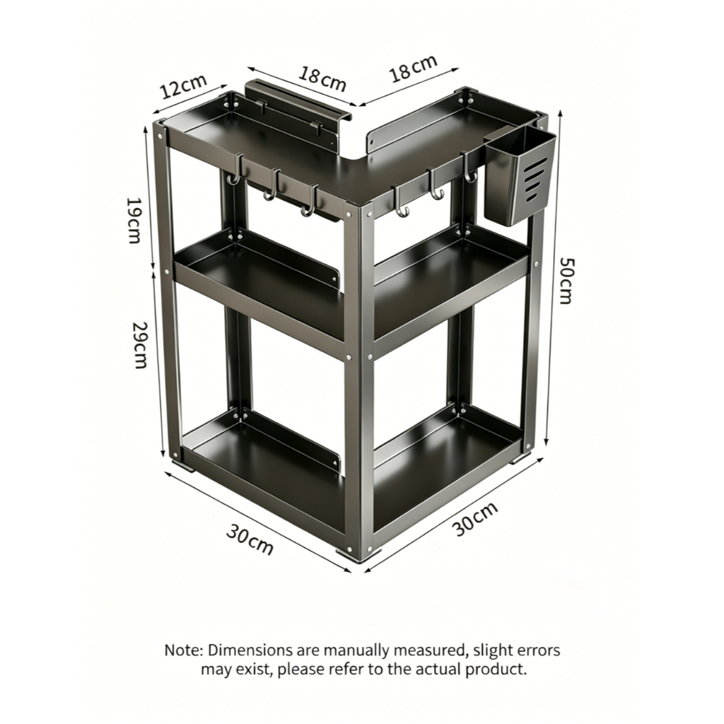 Kitchen Corner Spice Rack 2/3 Tier Countertop Storage Shelf with Hooks Space Saving Organizer - Image 7