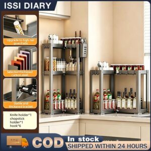 Kitchen Corner Spice Rack 2/3 Tier Countertop Storage Shelf with Hooks Space Saving Organizer