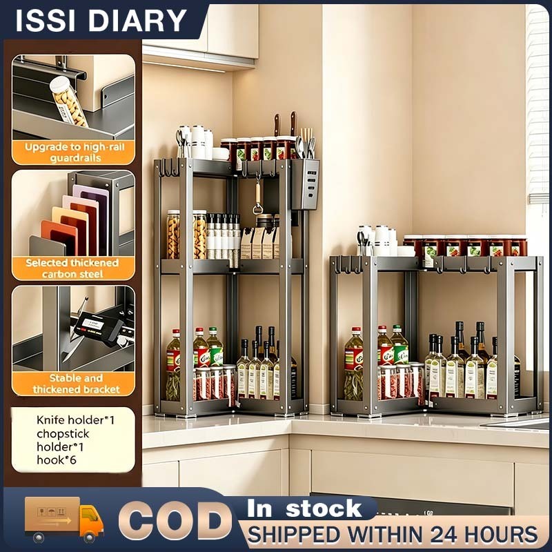 Kitchen Corner Spice Rack 2/3 Tier Countertop Storage Shelf with Hooks Space Saving Organizer
