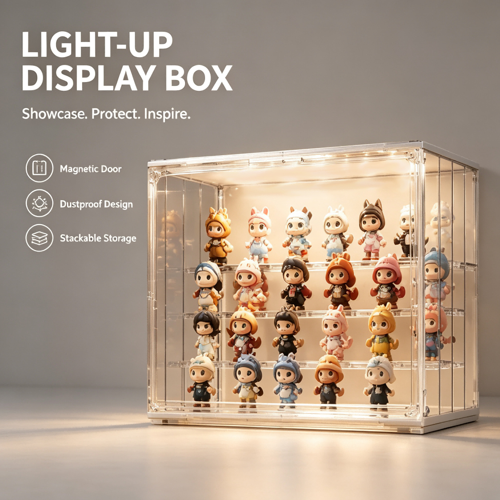LED Acrylic Display Case Stackable Box with Magnetic Closure&Adju