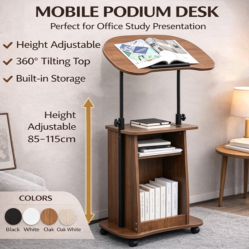 Mobile Adjustable Standing Desk Rolling Podium Table Tilt Top Lap