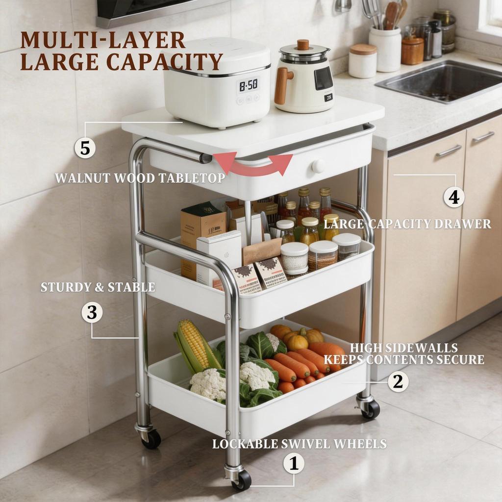 ISSI DIARY Movable Trolley Cart Steel Storage Rack With Wheels Study Table for Kitchen Livingroom - Image 2