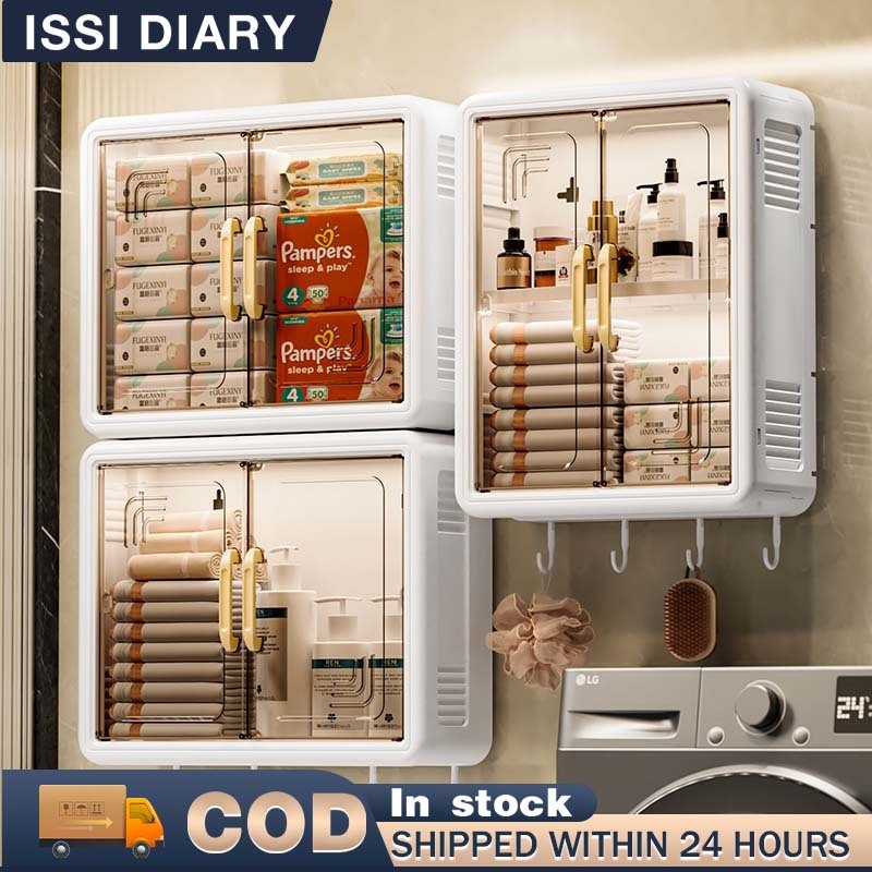 ISSI DIARY Multifunctional Wall-Mounted Storage Box with Hooks No Drilling for Bathroom & Kitchen