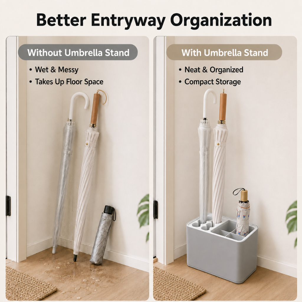Plastic Umbrella Stand Waterproof Bucket Entryway Organizer for Wet‑Dry Umbrellas Home Storage - Image 7