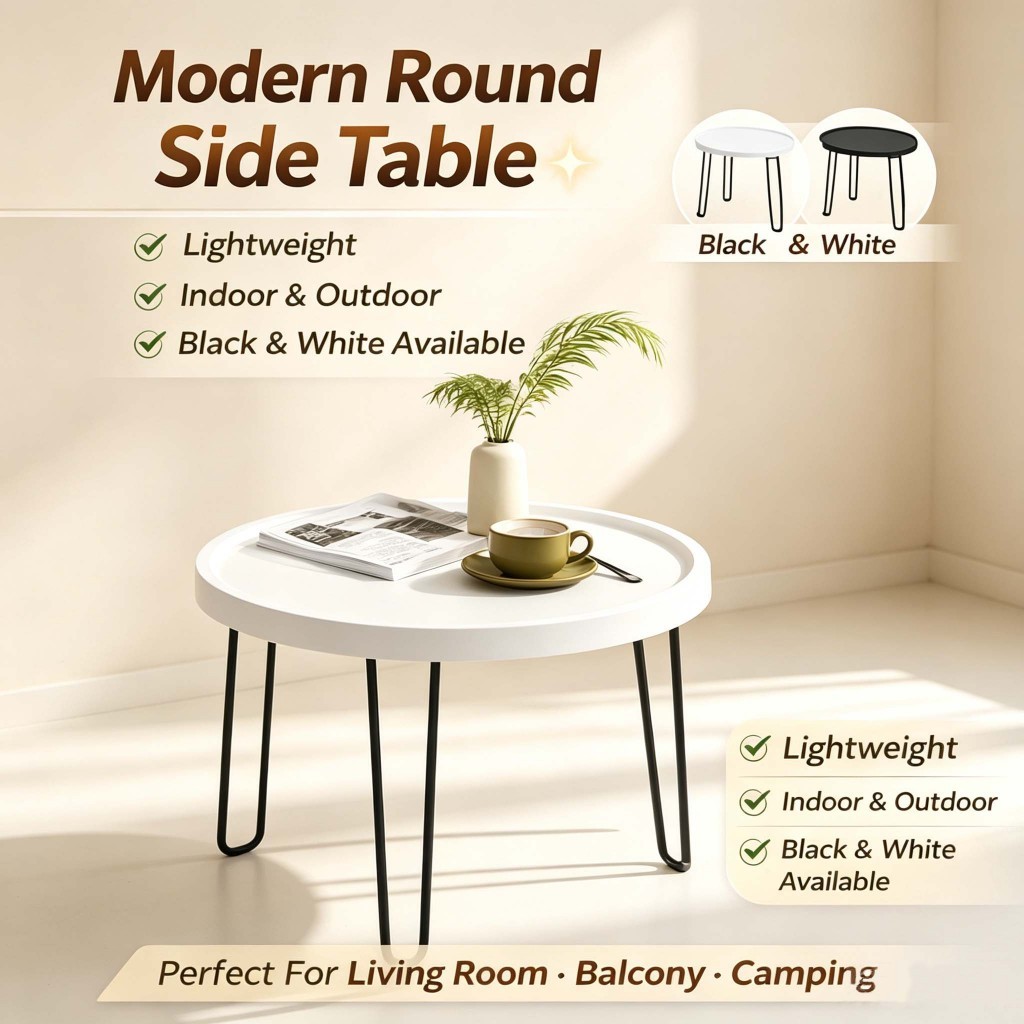 Portable Round Side Table Lightweight Camping Coffee Table Indoor