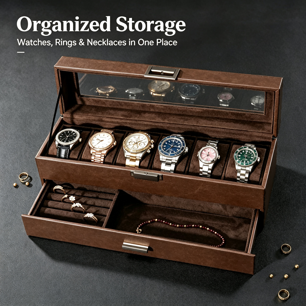 Open watch box showing cushioned slots and a lower drawer for straps and small accessories