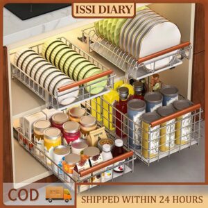 ISSI DIARY Sliding Baskte Storage Rack Space Saving for Kitchen With Sliding Organizers Shelves