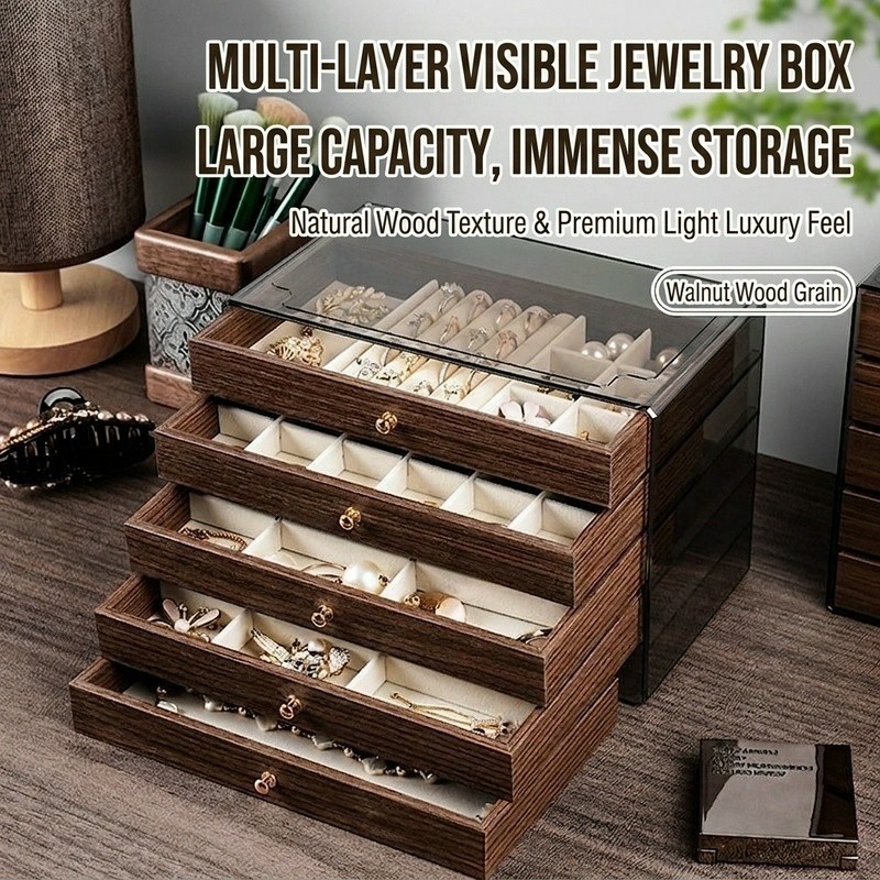 Walnut Style Jewelry Box 3/6 Layer Velvet Organizer Ring Necklace