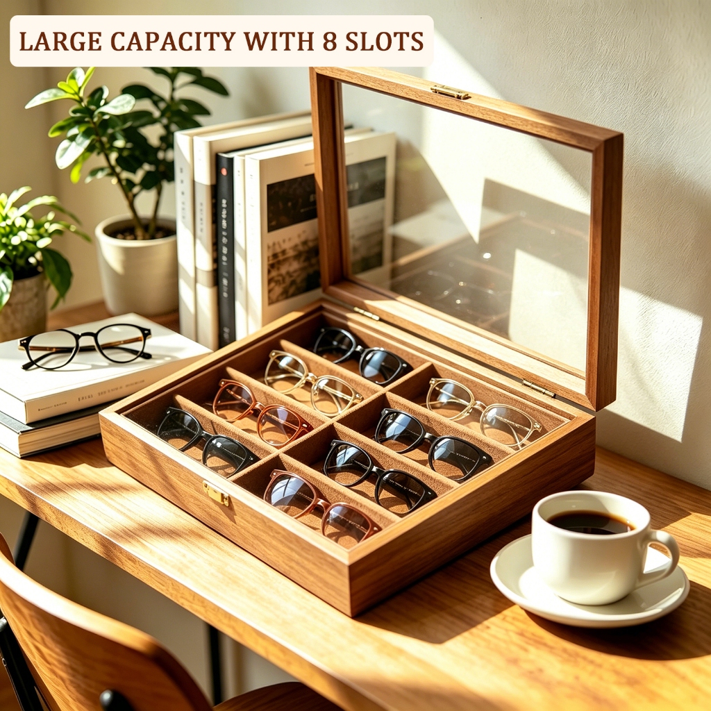 ISSI DIARY Walnut Wood Grain Glasses Case Large Capacity Dustproof Anti Scratch Eyewear Storage Box - Image 2