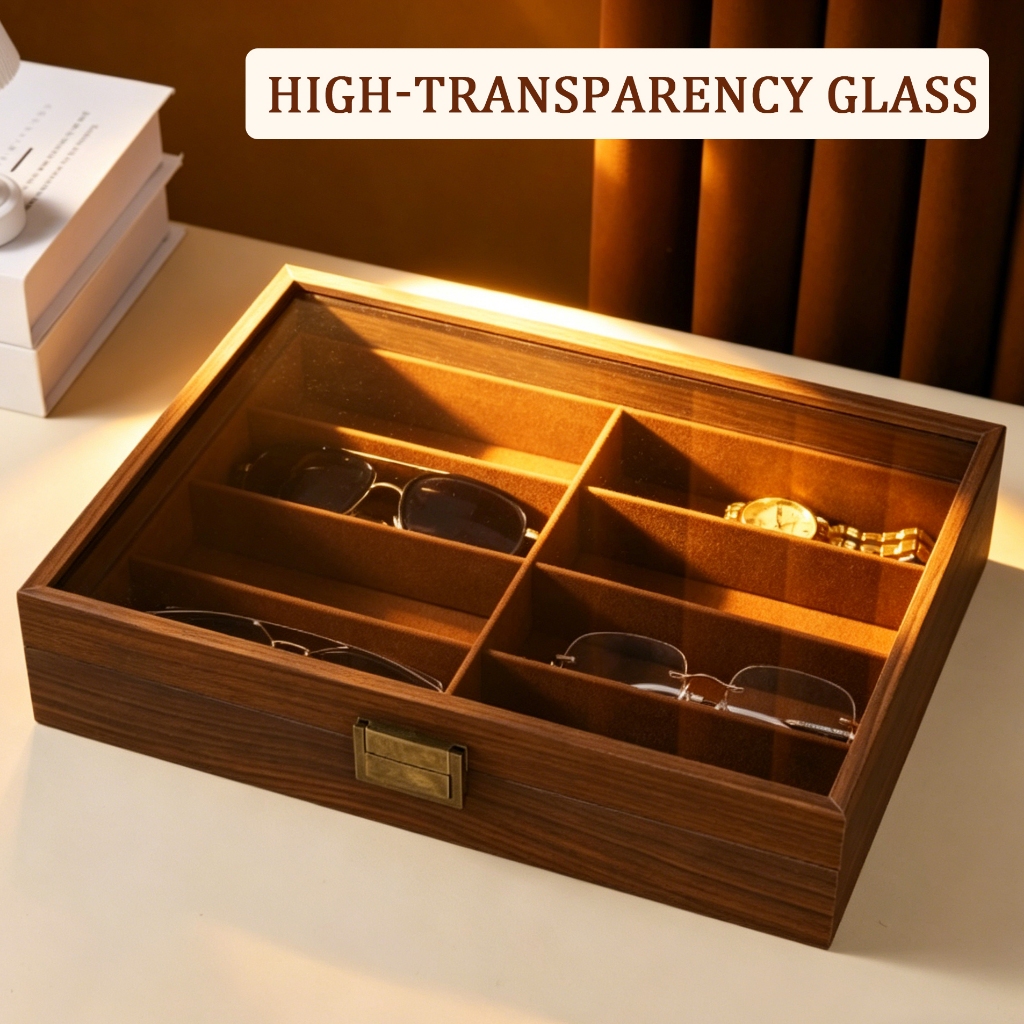 ISSI DIARY Walnut Wood Grain Glasses Case Large Capacity Dustproof Anti Scratch Eyewear Storage Box - Image 3