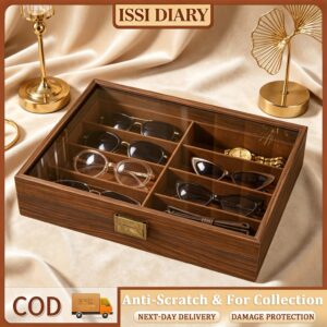 ISSI DIARY Walnut Wood Grain Glasses Case Large Capacity Dustproof Anti Scratch Eyewear Storage Box